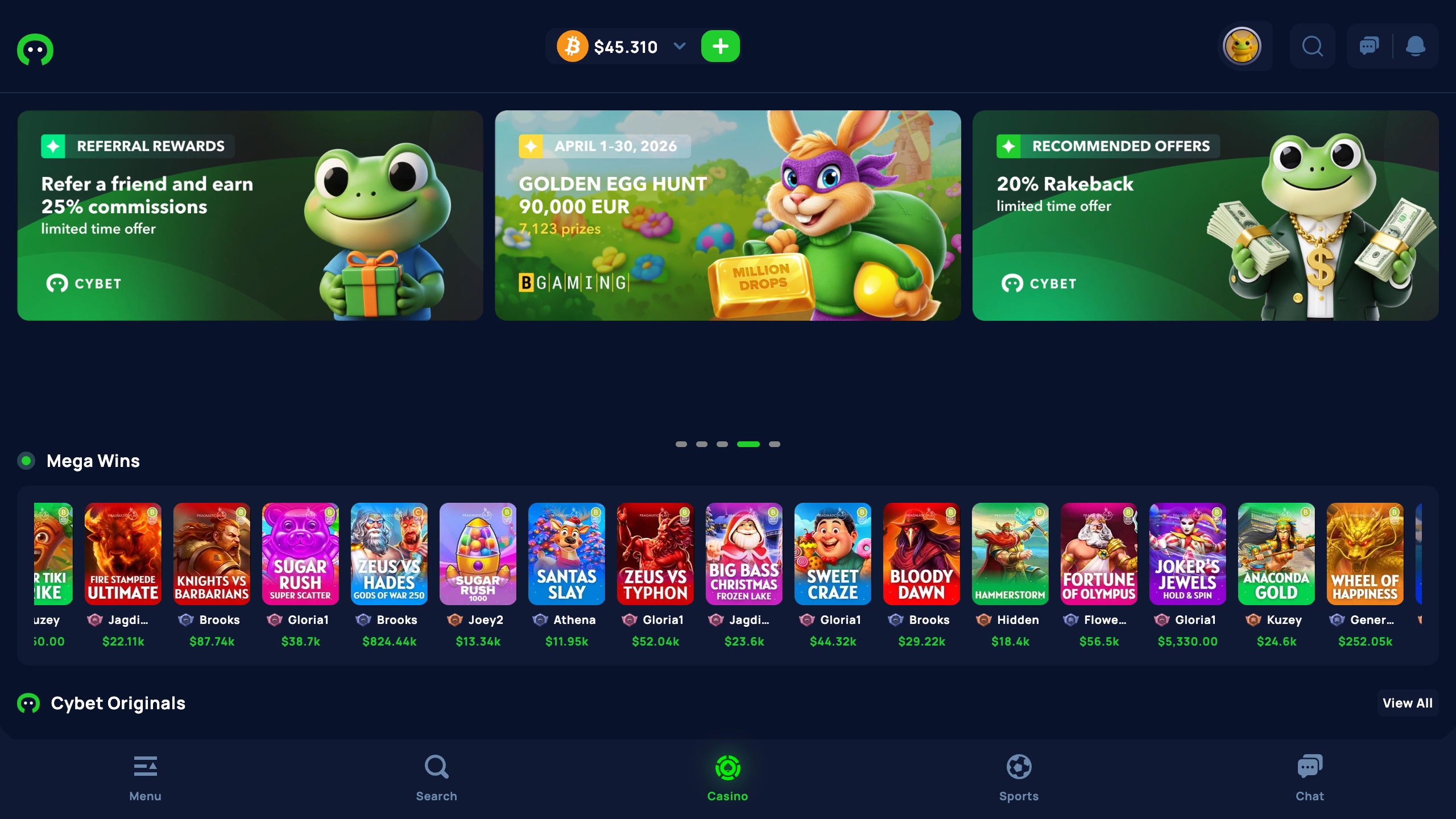 screenshot of cybet casino showing the bonus banner and game lobby