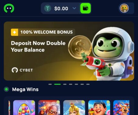 cybet mobile lobby showing wallet button and welcome bonus banner