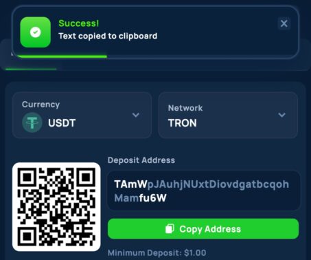 cybet usdt deposit screen showing tron network, qr code, deposit address, and copy address button