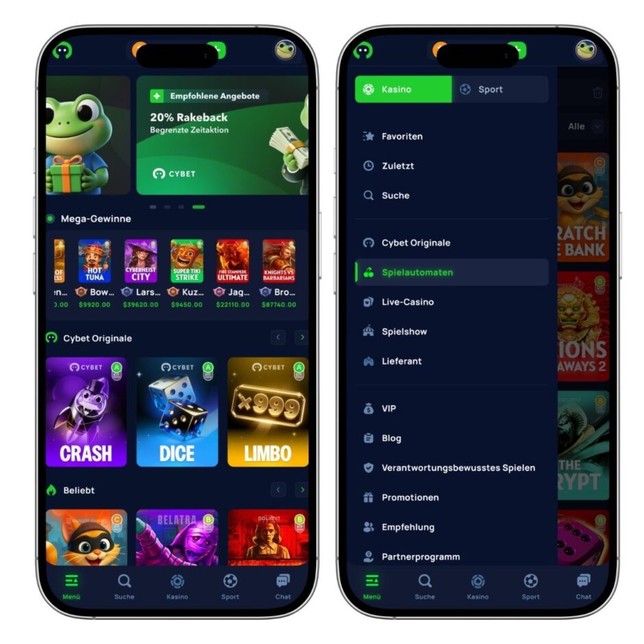 Mobile Ansicht im Cybet Casino