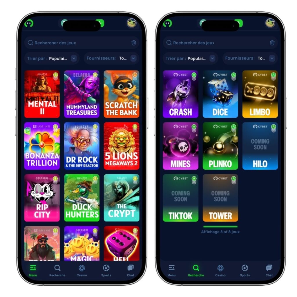 Capture d'écran de la version mobile du casino Cybet