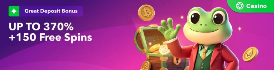 Das Bild zeigt rechts einen Frosch, das Maskottchen von Cybet, und Links steht gross der aktuelle Willkommensbonus von bis zu 370% + 150 Freispiele