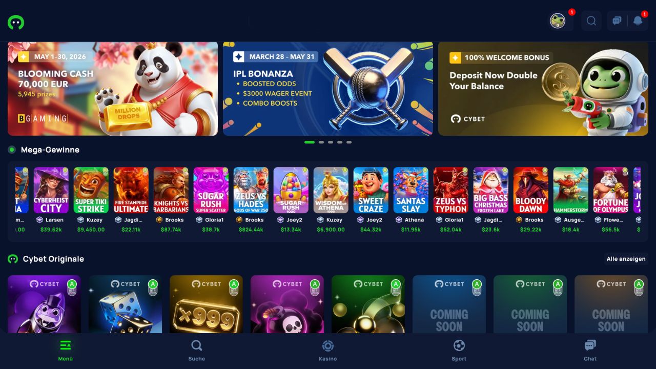 Das Bild zeigt die Desktop Ansicht der Startseite mit der Spielelobby und dem Bonusbanner von Cybet