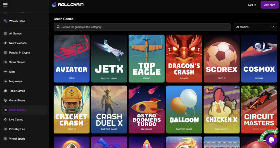 Visón de la sección de juegos crash