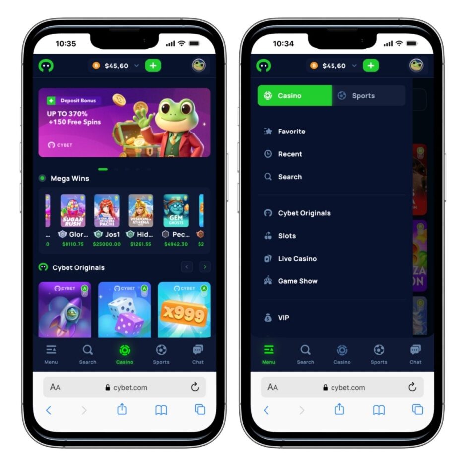 Mobile Ansicht Cybet. Es zeigt einmal die Startseite auf der linken Seite und einmal die Menü Übersicht auf der rechten Seite