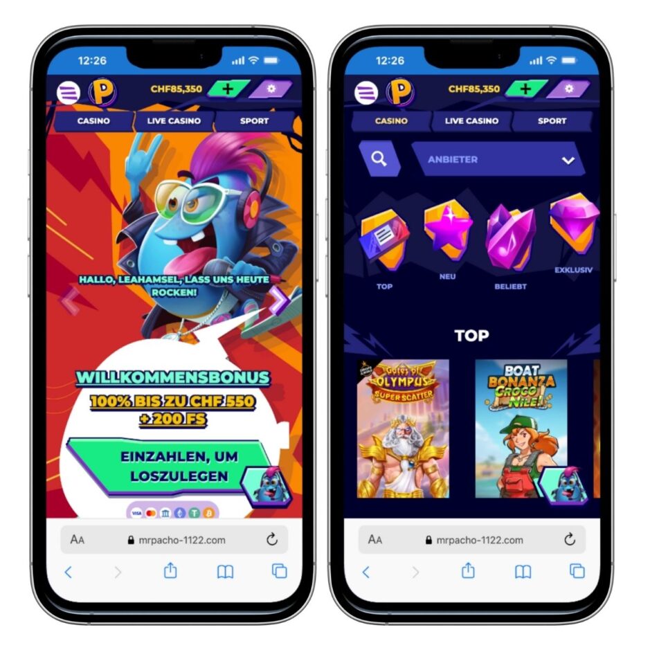 Mobile Ansicht Mr. Pacho Casino. Es zeigt einmal die Startseite auf der linken Seite und einmal die aktuelle Ansicht, wenn man auf den Reiter Casino klickt. Es öffnen sich die ersten Casino Spiele