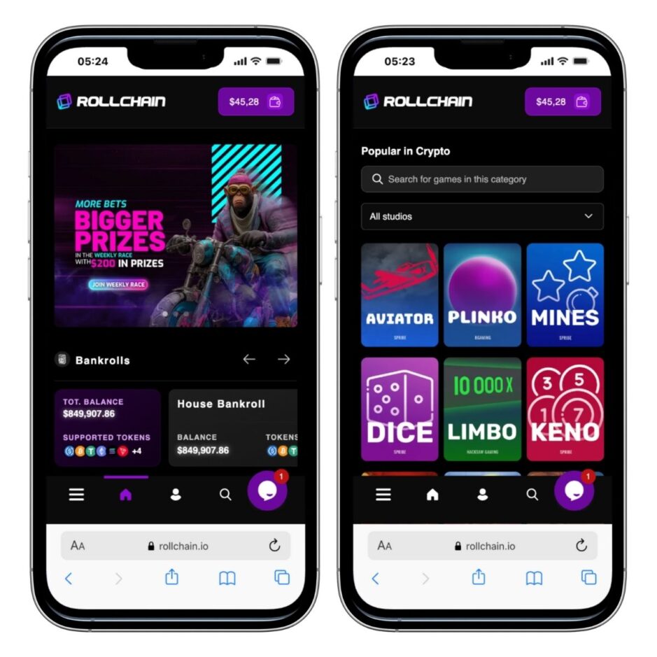 Mobile Ansicht Rollchain.io. Es zeigt einmal die Startseite auf der rechten Seite und einmal die Games für Crypto auf der linken Seite