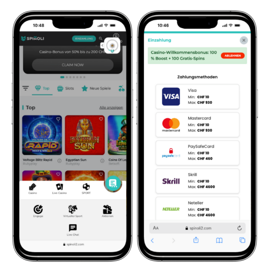 Mobile Ansicht Spinoli. Es zeigt einmal die Startseite inkl. Menü auf der linken Seite und einmal die Einzahlung auf der rechten Seite