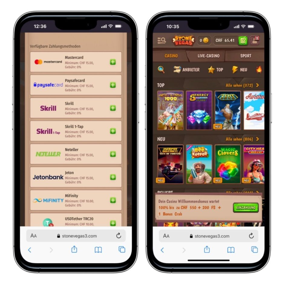 Mobile Ansicht StoneVegas. Es zeigt einmal die Zahlungsseite auf der linken Seite und einmal die Games auf der rechten Seite