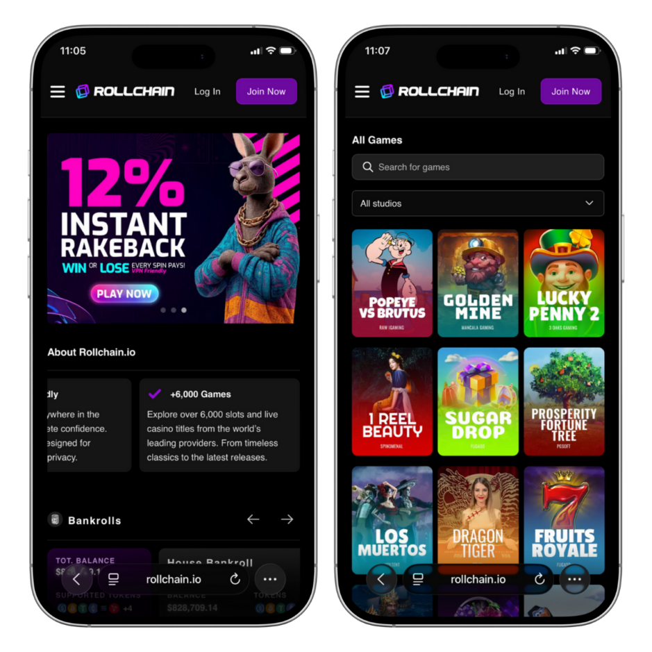 Versión adaptada del casino Rollchain para móviles