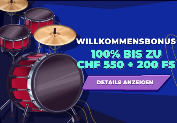 Das Bild zeigt links ein Schlagzeug. Rechts ist der Willkommensbonus von Mr. Pacho - 100% bis CHF 550 und 200 FS gross angeschrieben. Darunter ist ein lila Button auf dem "Details anzeigen" steht