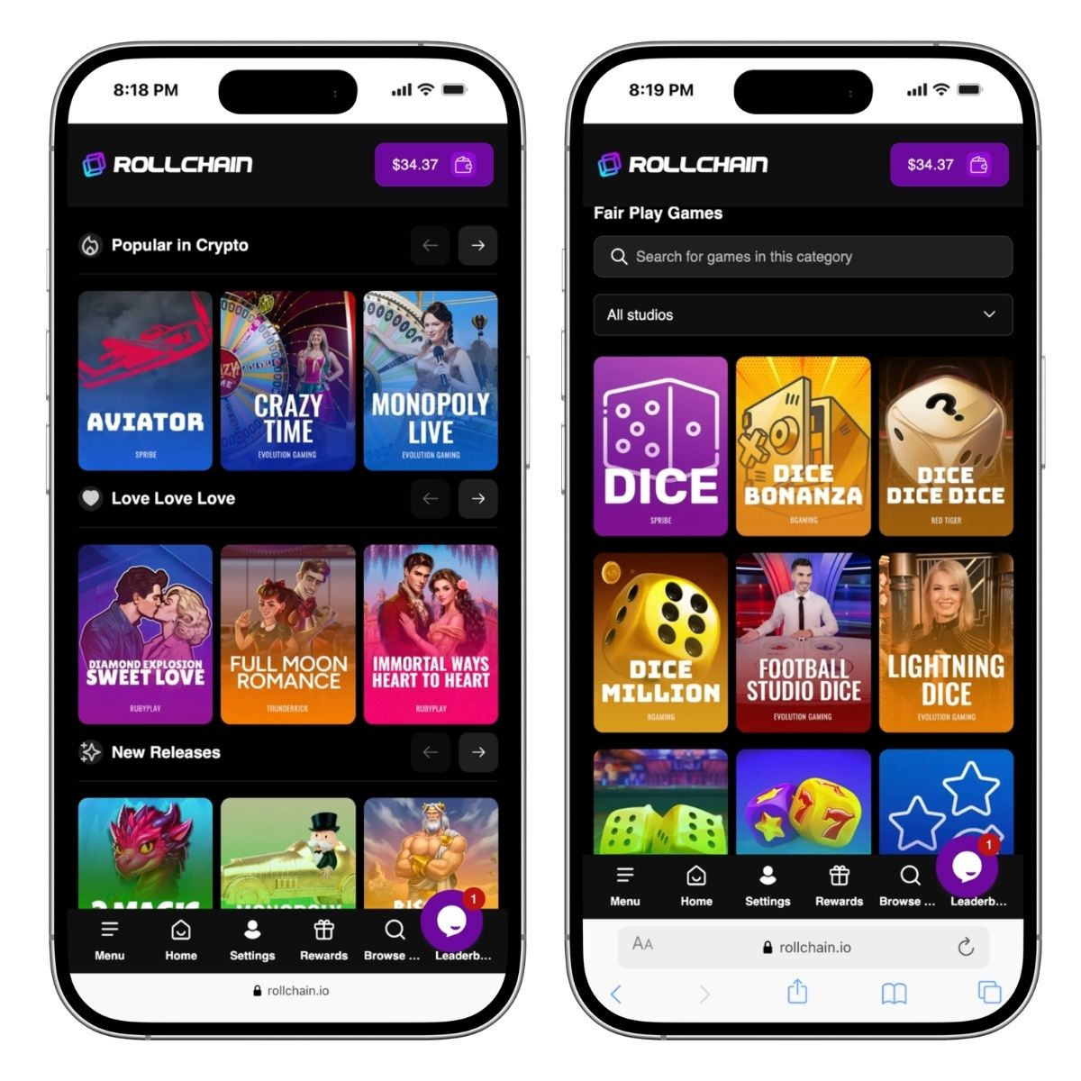rollchain casino mobile lobby showing popular crypto games and fair play dice games on iphone screens