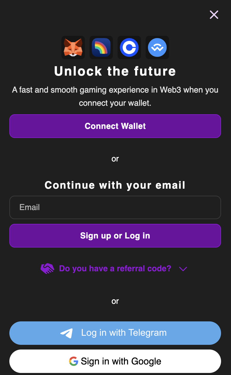 rollchain casino registration form with wallet, email, telegram, and google login options