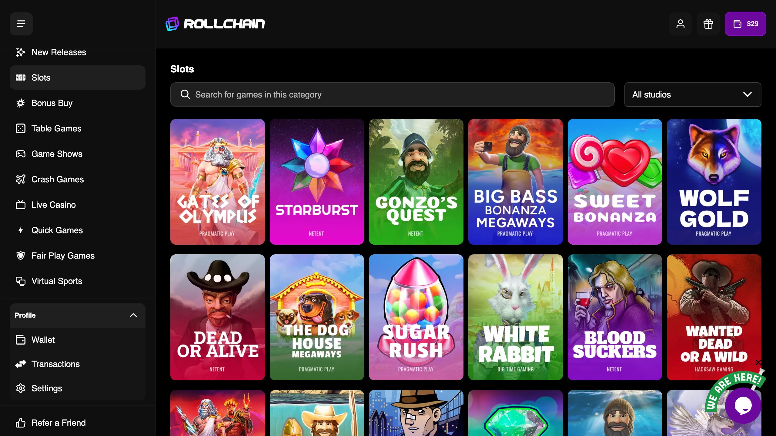 lobby de tragamonedas de rollchain casino con juegos populares y navegación por categorías