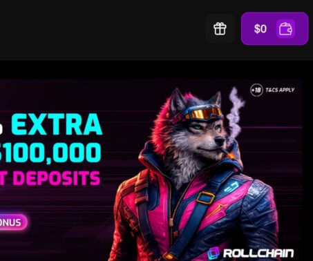 rollchain casino homepage showing the purple wallet button used to open the cashier