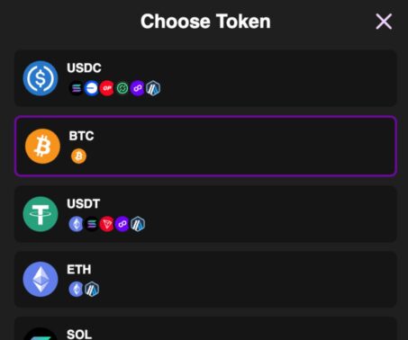 rollchain casino token selection screen showing BTC, USDT, USDC, ETH, and SOL options