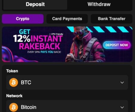 rollchain casino network selection screen showing Bitcoin as the selected network