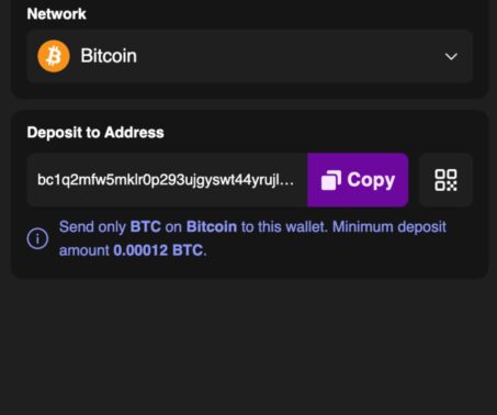 rollchain casino bitcoin deposit screen showing the wallet address, copy button, and minimum deposit amount