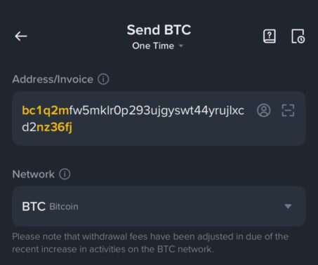 crypto wallet send BTC screen showing the copied rollchain bitcoin deposit address and selected bitcoin network