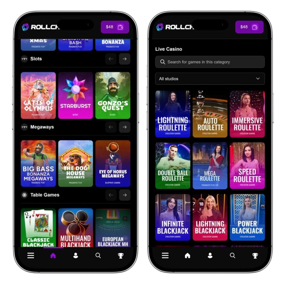 Rollchain Casino mobile view screenshot