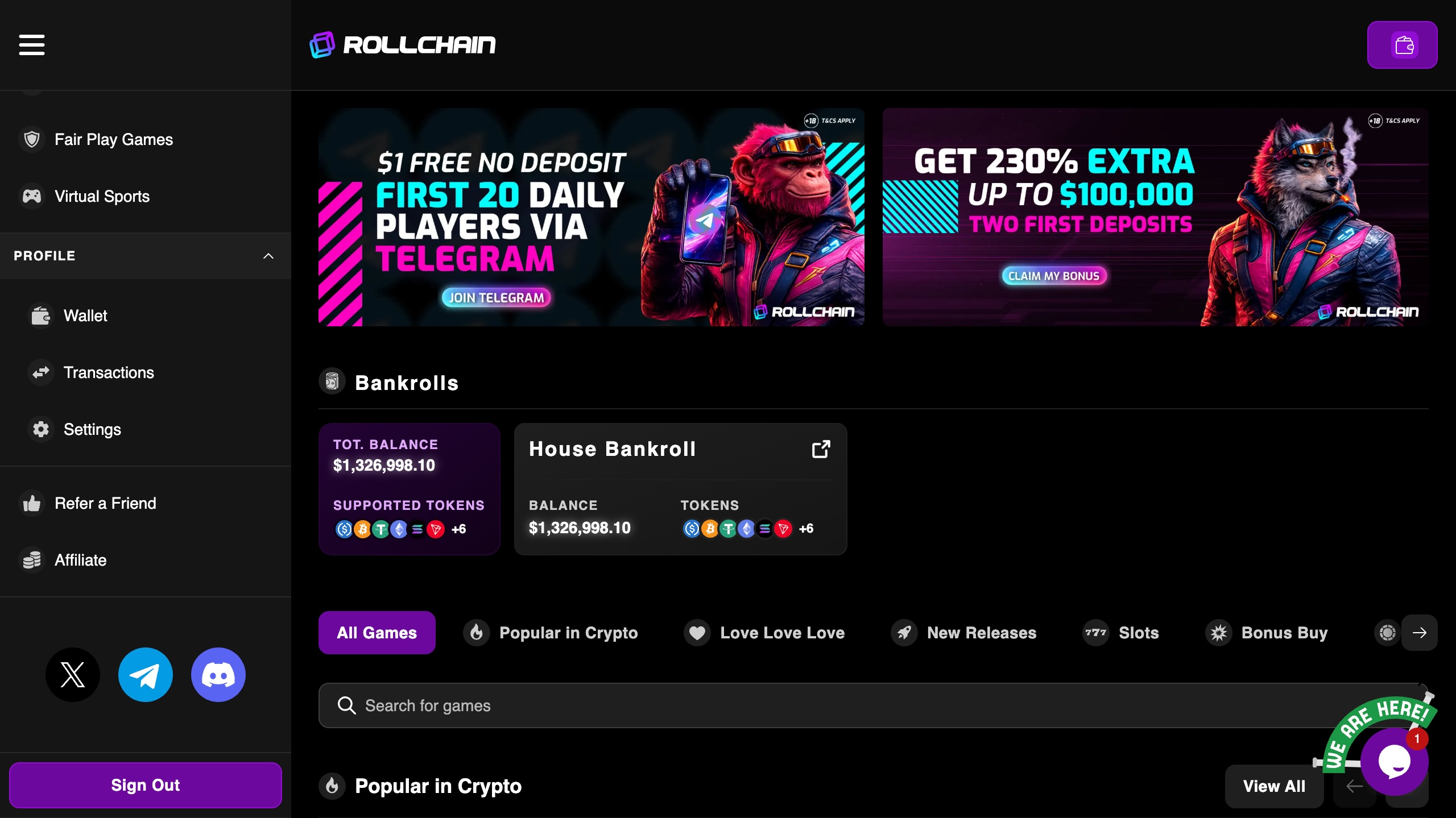 Das Bild zeigt die Startseite des Rollchain.io Casinos der Schweiz mit dem Bonusbanner und der Menü Übersicht.