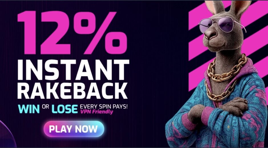 Das Bild zeigt rechts einen Hasen, das Maskottchen von Rollchain.io, und Links steht gross 12% sofortiger Rakeback Bonus mit einem grossen Button "Spiele jetzt"