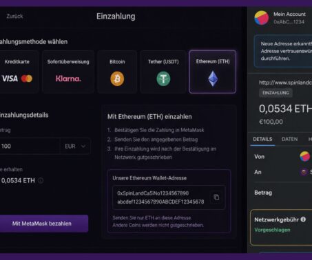 Das Bild zeigt eine MetaMask wo eine Einzahlung mit ETH durchgeführt wird