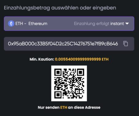 Das Bild zeigt eine generierte Wallett Adresse bei Spinline DE zur Einzahlung