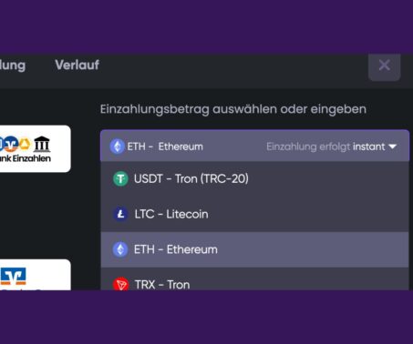 Das Bild zeigt, wie bei Spinline DE ETH als Zahlungsmethode gewählt wird