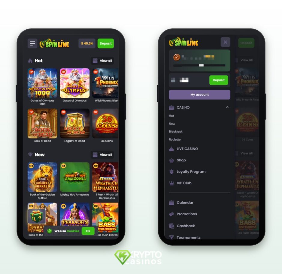 The image shows the mobile version of the Spinline Casino. On the left you ncan see the game selection and on the right the main menu
