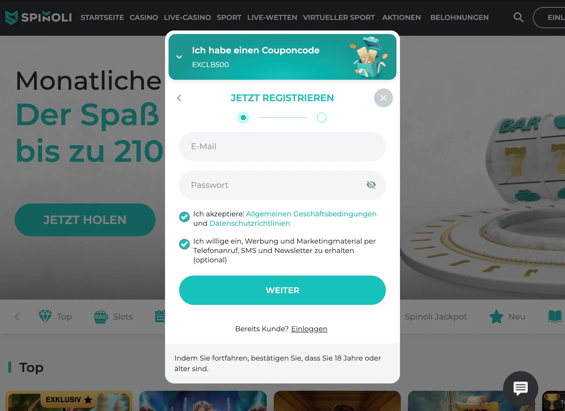 Registrierung im Spinoli Casino mit exklusivem Willkommensbonus
