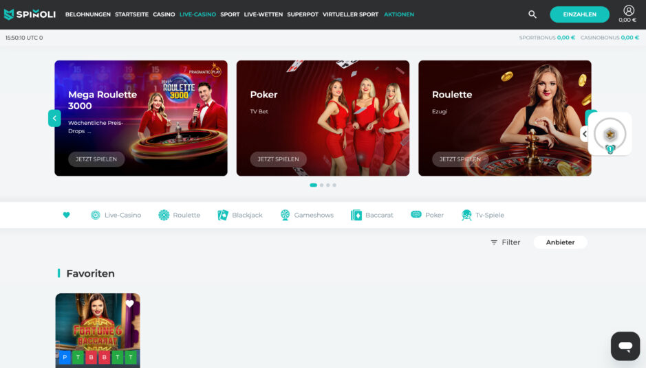 Übersicht vom Live Casino im Spinoli Casino