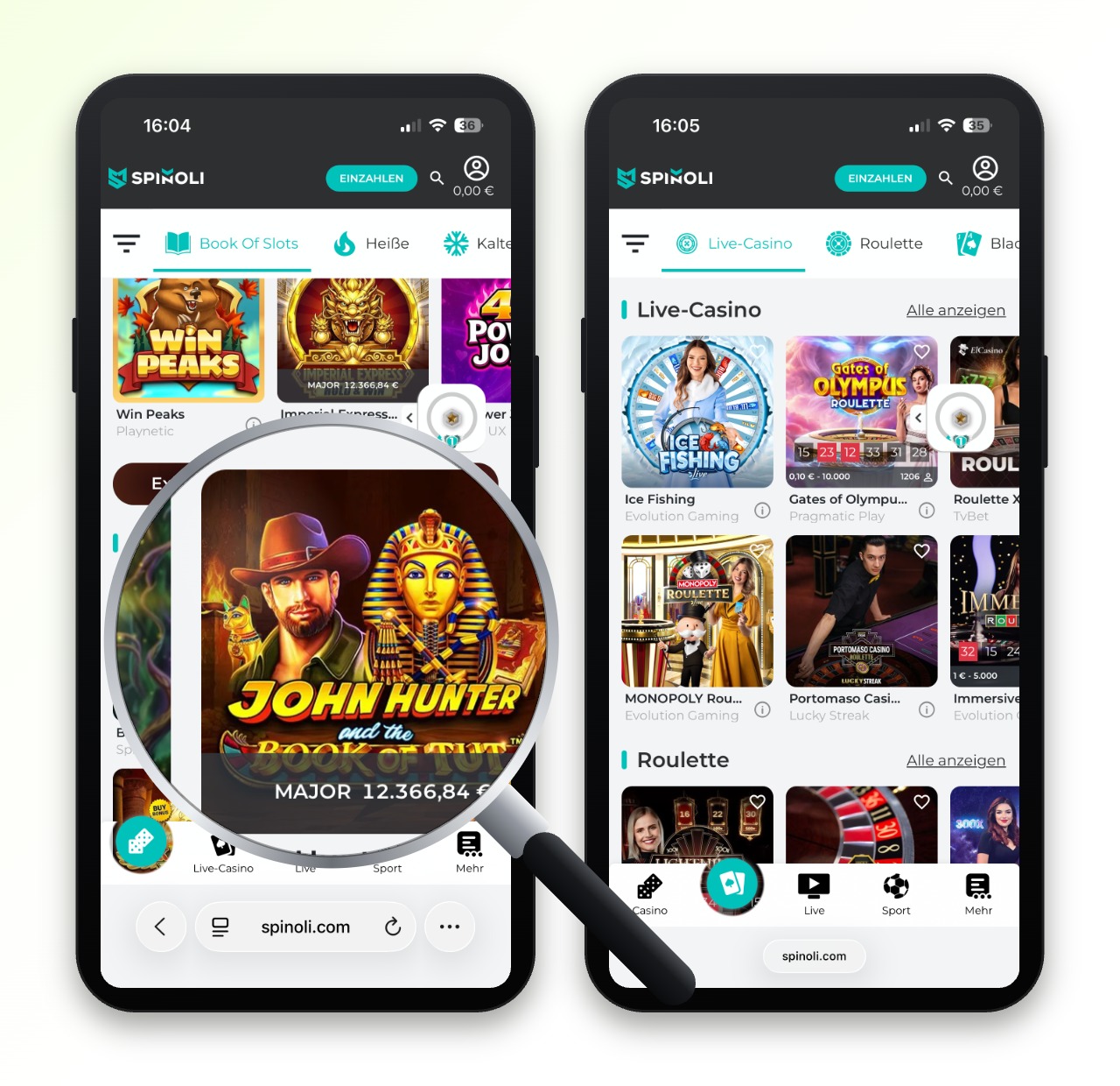 spinoli casino auf dem smartphone mit slots, live-casino und roulette sowie vergrößerter john-hunter-slotansicht