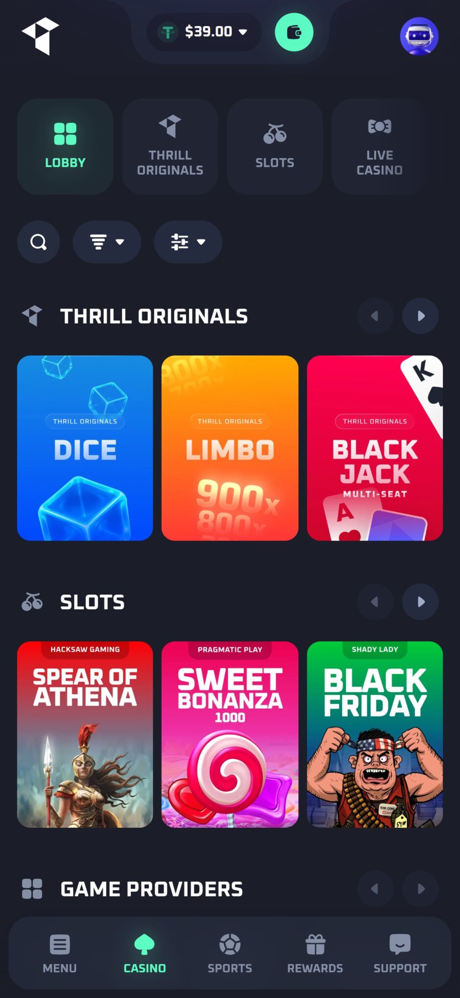 Screenshot der Thrill Homepage