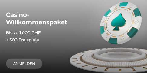 Das Bild zeigt rechts einen Roulette Coin und links steht der Casino Willkommensbonus -
300% bis zu CHF 1'000 + 300 Freispiele. Unter all diesem ist ein grauer Button der zur Anmeldung führt