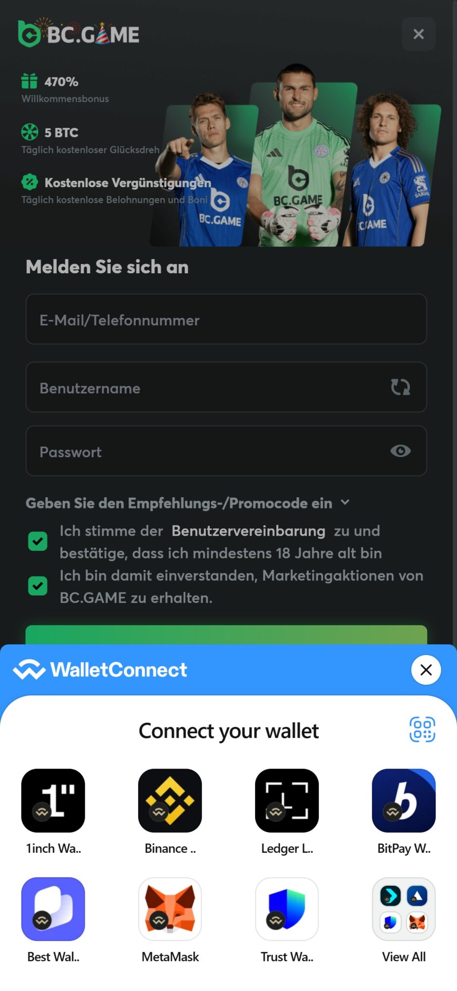 Registrierung bei BC Game mit Wallet Connect