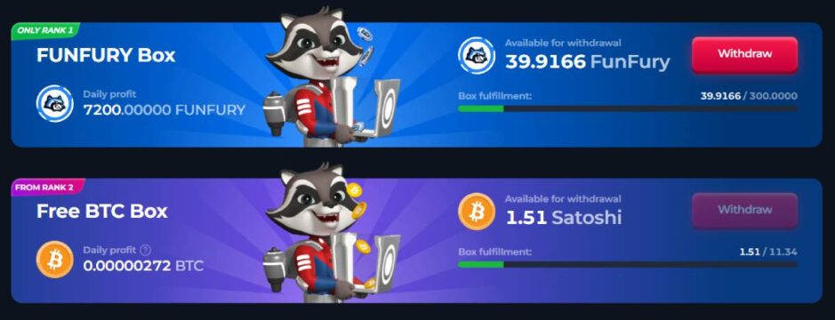 Screenshot of BetFury Free Crypto Boxes functioning as a free crypto faucet