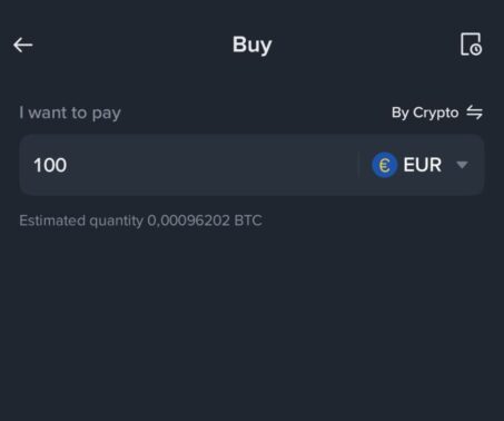 binance buy interface where the user enters an amount in eur to purchase bitcoin with an estimated btc value shown