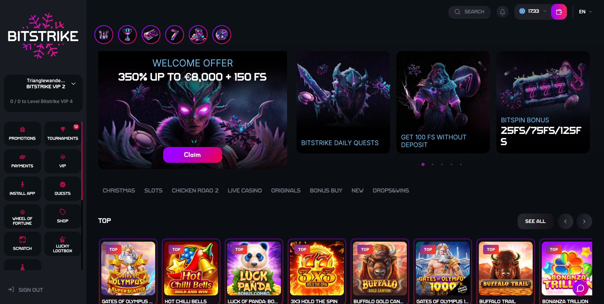 desktop screenshot of the bistrike casino homepage showing bonus banner, slots, and the left-side navigation menu