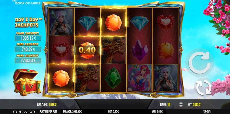 Screenshot vom kostenlosen Day 2 Day Jackpot Demospiel von Book of Anime (Fugaso)