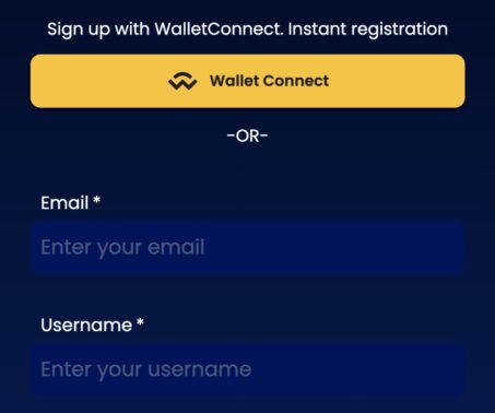 bitcoin casino registration screen offering walletconnect sign-up or manual registration via email and username