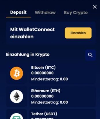 Das Bild zeigt die Einzahlungsmaske bei Coinkings Schweiz