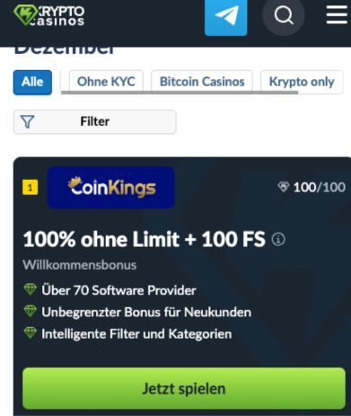 Das Bild zeigt den Testbericht von Coinkings Schweiz mit dem CTA Button "Jetzt spielen", welcher zum Casino führt