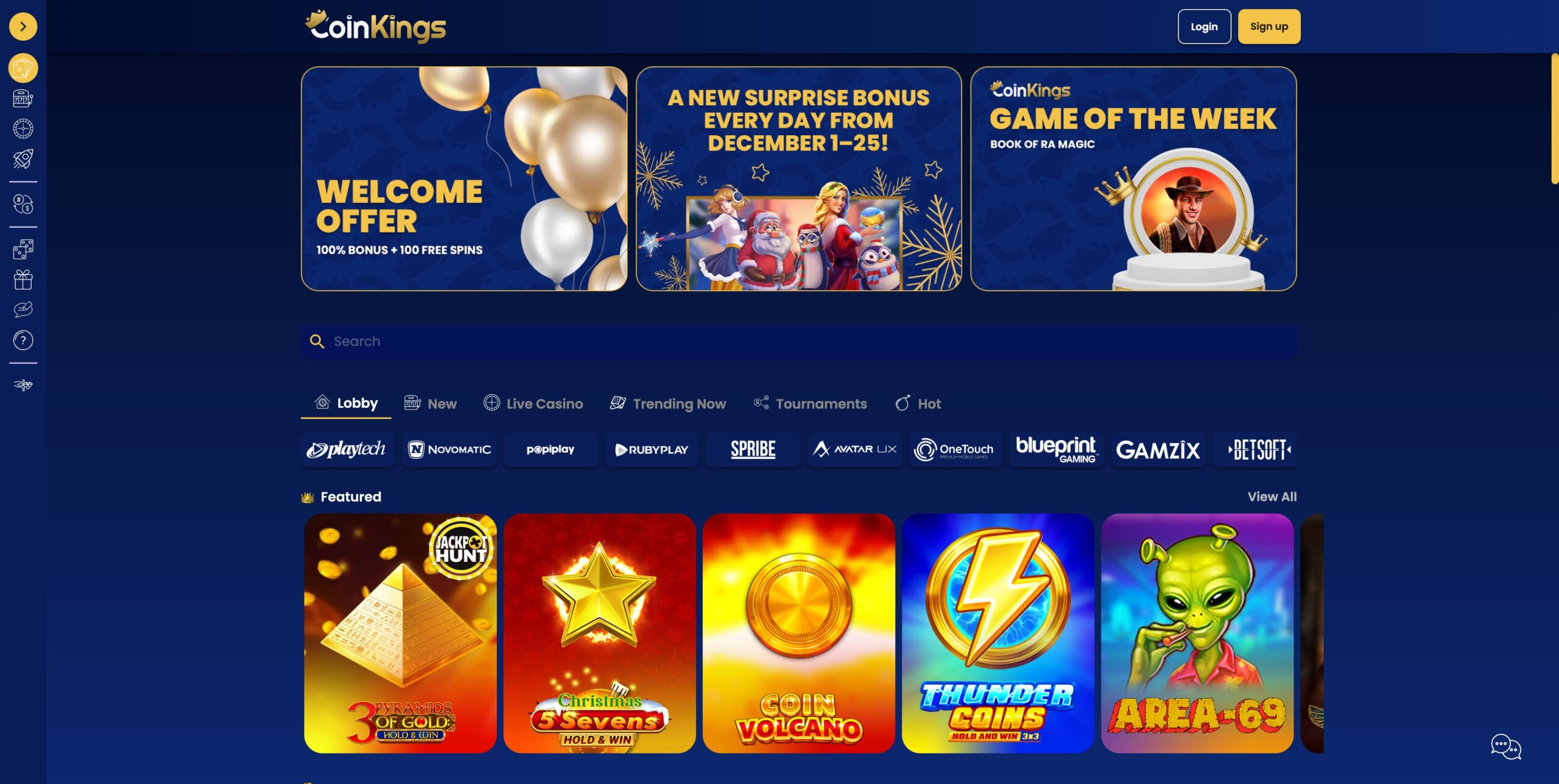 desktop screenshot of the coinkings casino homepage showing the welcome bonus banner and game lobby