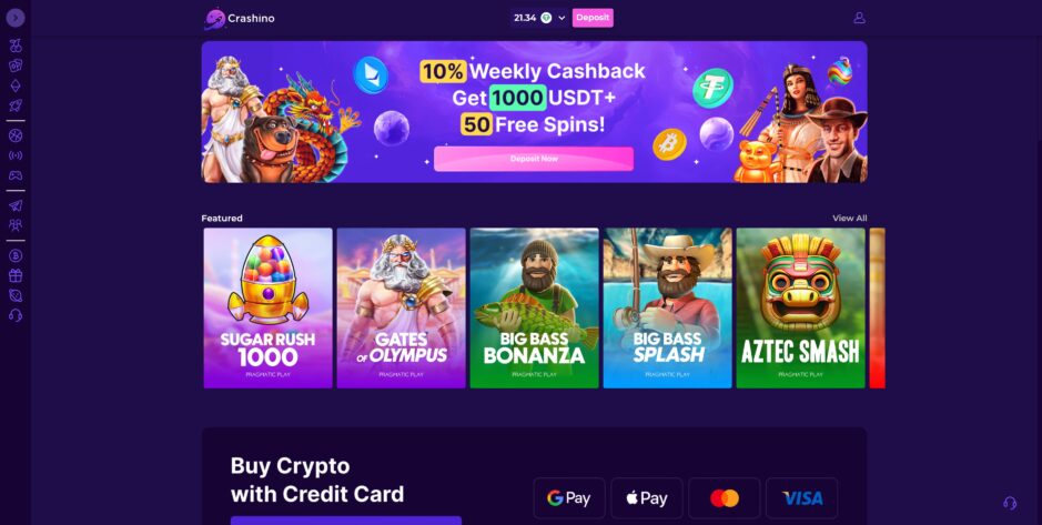 desktop screenshot of the crashino casino homepage showing the welcome bonus banner and game lobby