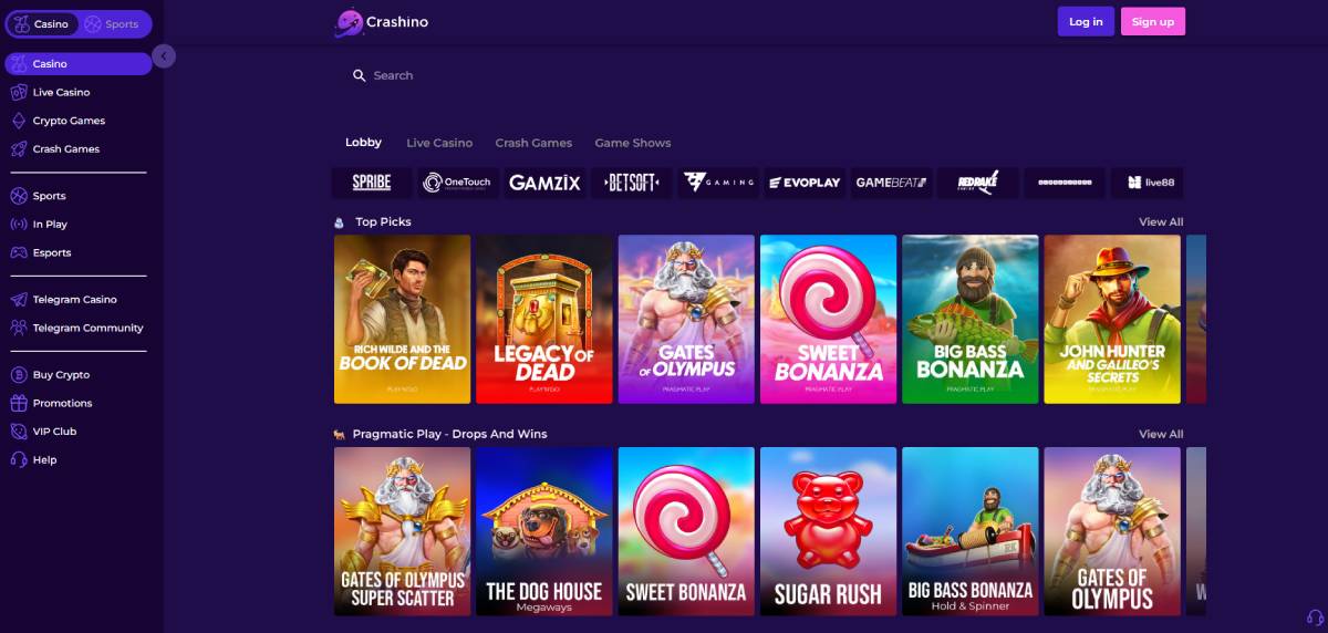 desktop screenshot of the crashino casino homepage showing showing the left menu and the game lobby featuring Top Picks and Pragmatic Play games