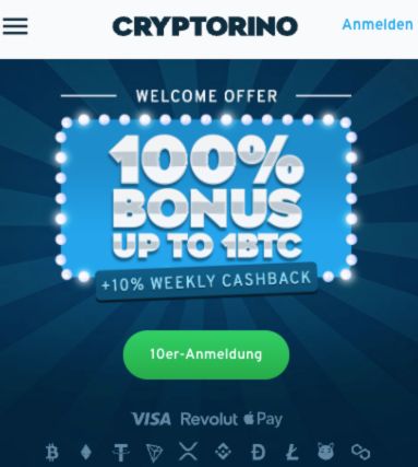 Das Bild zeigt den erst Besuch auf der Cryptorino Seite, wo man sich danach rechts oben anmelden bzw. registrieren kann