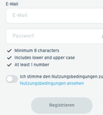 Das Bild zeigt, wie man E-Mail-Adresse und Passwort wählen muss um sich bei Cryptorino zu registieren