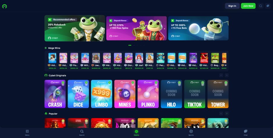 desktop screenshot of the cybet casino homepage showing the welcome bonus banner and game lobby
