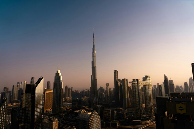 dubai’s skyline with the burj khalifa at sunset